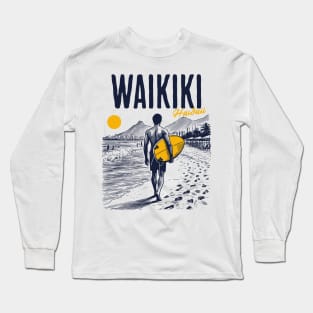 Vintage Surfing Sketch // Waikiki Beach Hawaii // Retro Surfer Drawing Long Sleeve T-Shirt